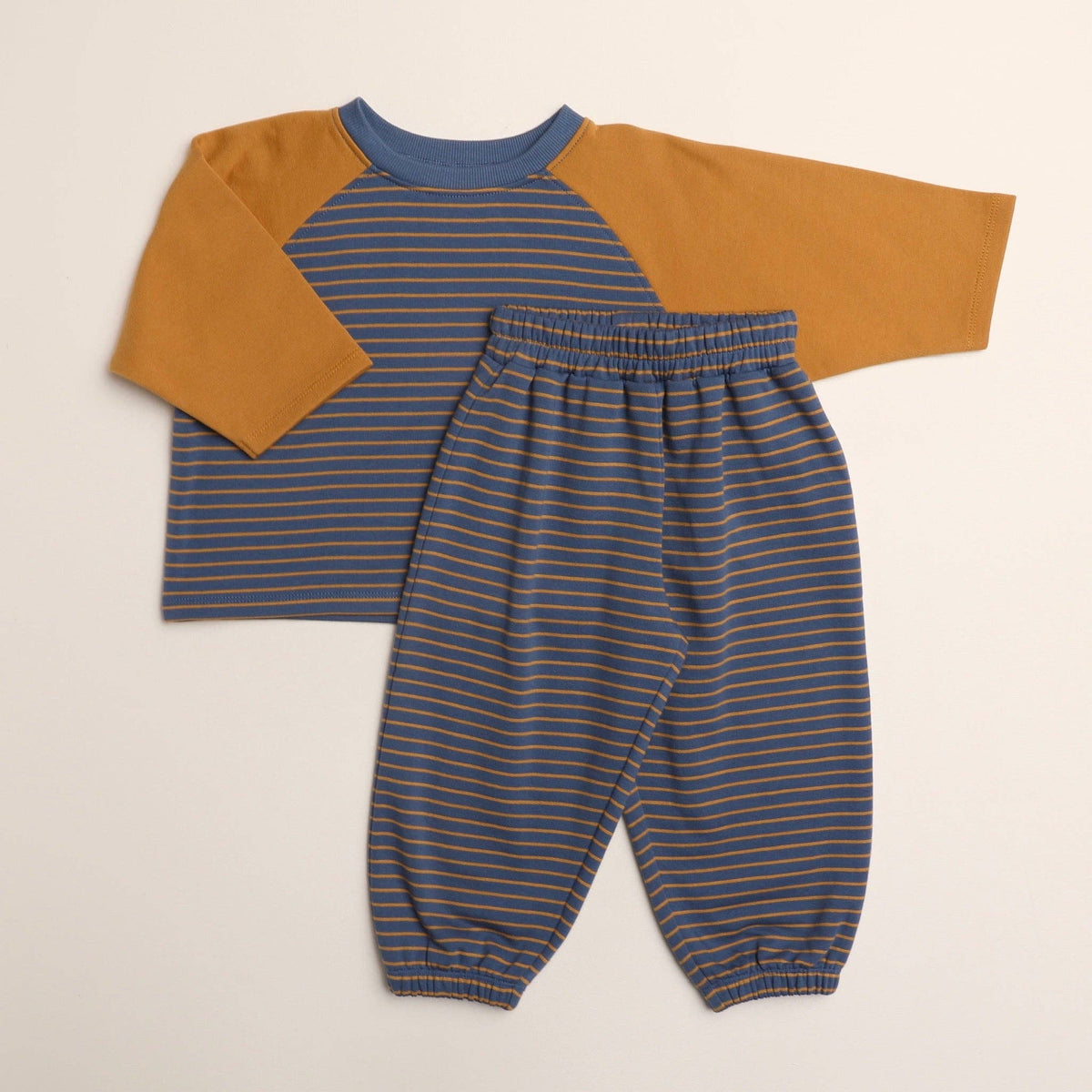 Chase Set in Thin Stone Blue Mustard Stripe: 18-24 Months