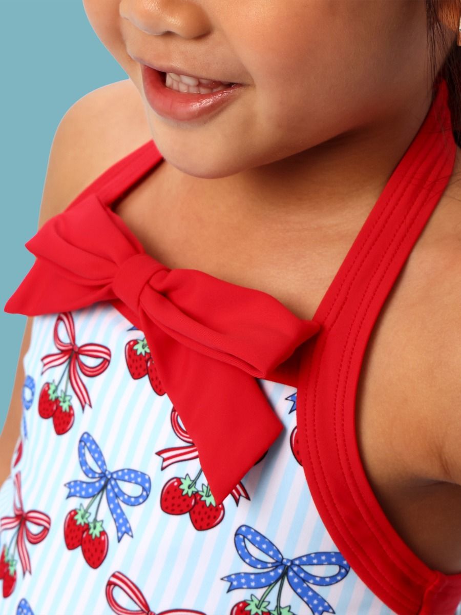 Girls Berries & Bows Halter One Piece Swimsuit