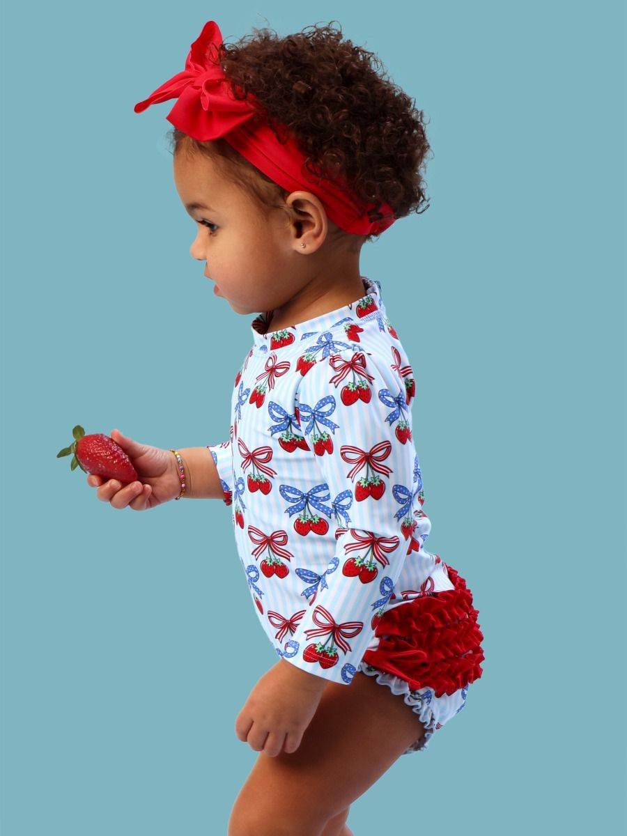 Baby Girls Berries & Bows Long Sleeve One Piece Rash Guard Swimsuit with Signature Rear Ruffles