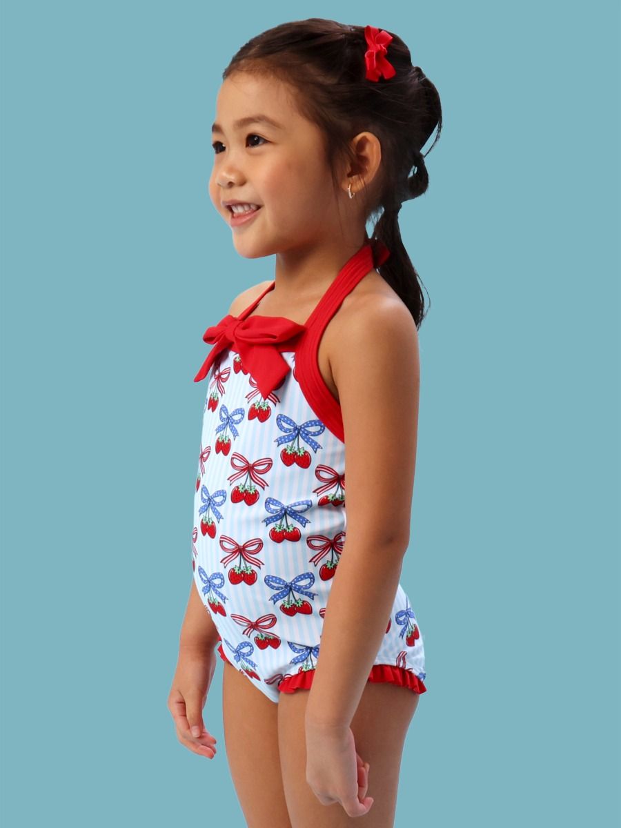 Girls Berries & Bows Halter One Piece Swimsuit