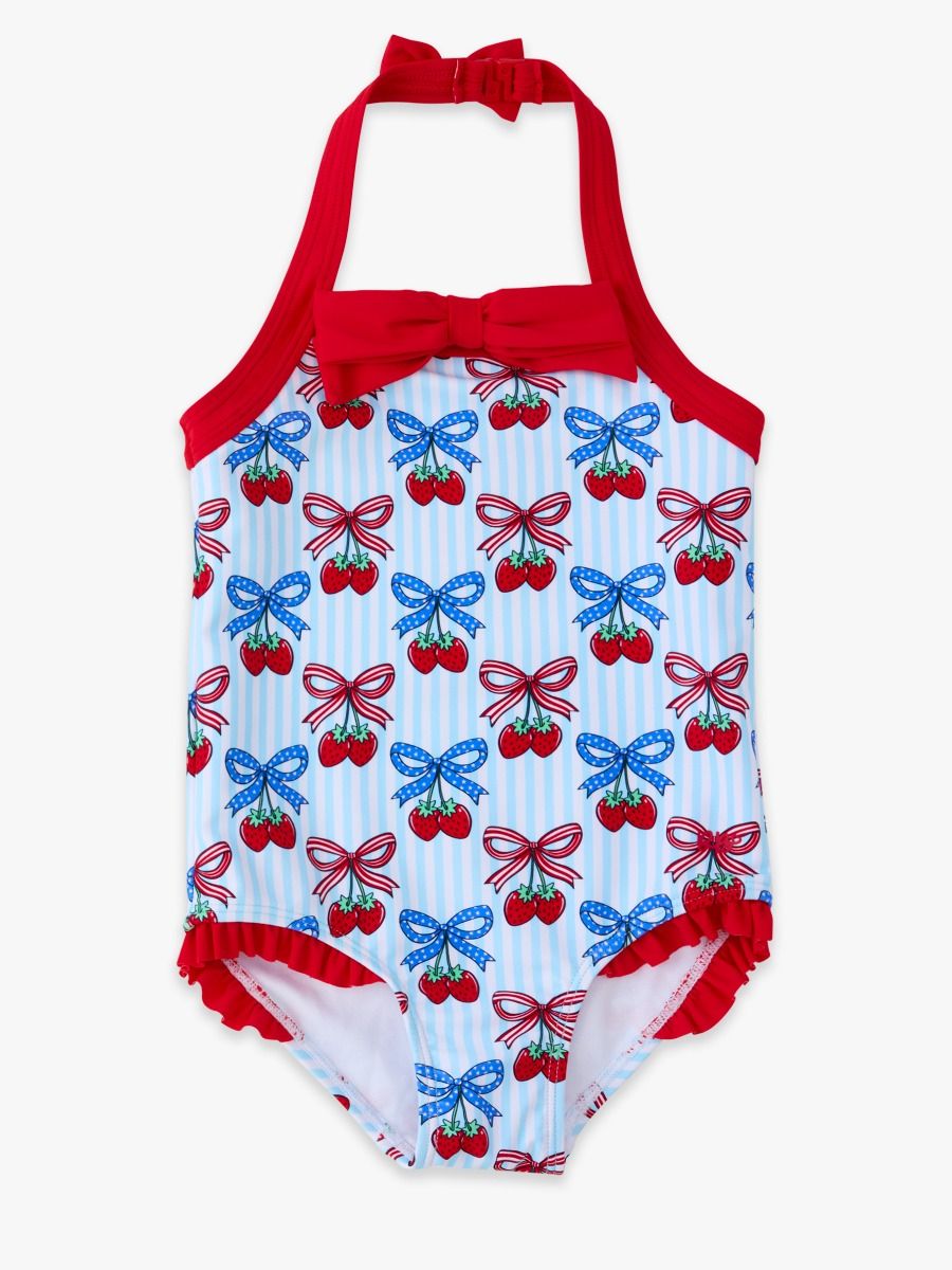 Girls Berries & Bows Halter One Piece Swimsuit