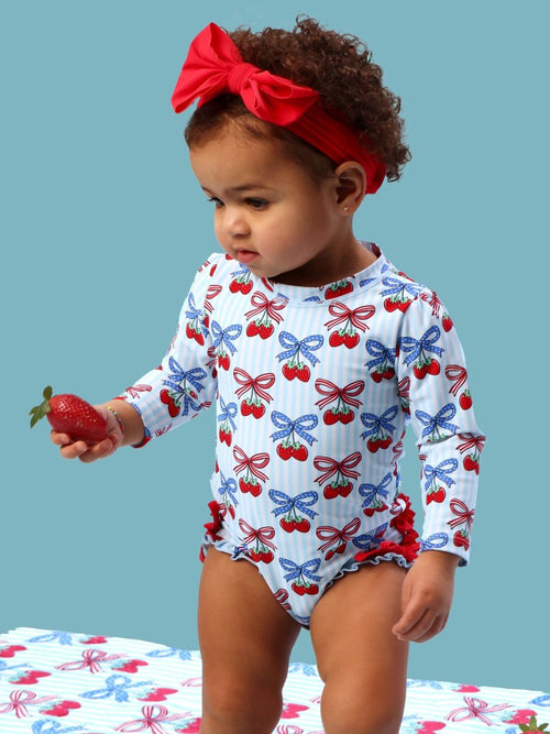 Baby Girls Berries & Bows Long Sleeve One Piece Rash Guard Swimsuit with Signature Rear Ruffles