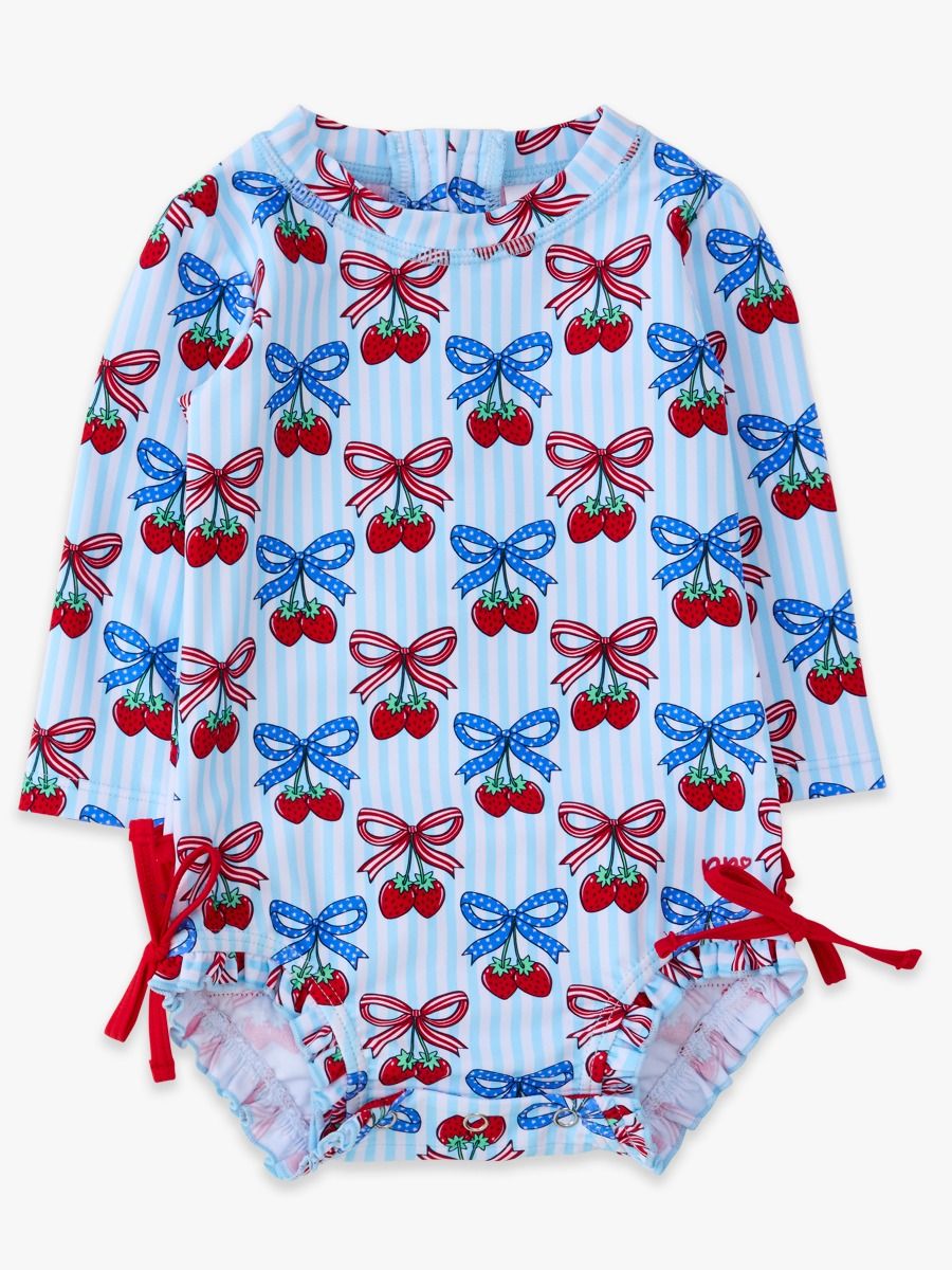 Baby Girls Berries & Bows Long Sleeve One Piece Rash Guard Swimsuit with Signature Rear Ruffles